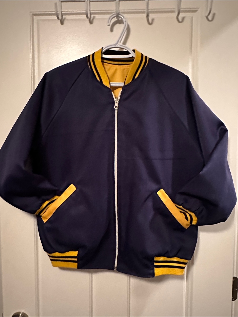 Vintage 80s 90s Reversible Satin Bomber Jacket Navy Gold Varsity Baseball S/M